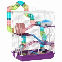 PawHut 5 Tiers Hamster Cage Portable with Exercise Wheels Play Tube Water Bottle Dishes House Ladder for Gerbils, Purple(m-9)