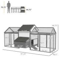 PawHut 97" Chicken Coop Poultry Cage with Double Run, Nesting Box, Gray(m-3)