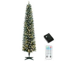 HOMCOM 7ft Pencil Prelit Christmas Tree, Dual Color LEDs, Flocked, Remote, Slim Xmas Tree with 11 Modes, Green White