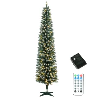 HOMCOM 7ft Pencil Prelit Christmas Tree, Dual Color LEDs, Flocked, Remote, Slim Xmas Tree with 11 Modes, Green White(m-1)