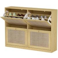 HOMCOM Narrow Shoe Storage Cabinet, Rattan Shoe Cabinet with 4 Flip Drawers and Adjustable Shelves for 20 Pairs, Oak(m-2)