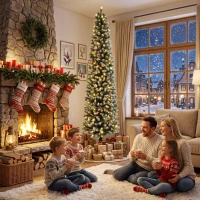 HOMCOM 7ft Pencil Prelit Christmas Tree, Dual Color LEDs, Flocked, Remote, Slim Xmas Tree with 11 Modes, Green White(m-8)