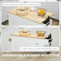 HOMCOM Kitchen Island with Drop Leaf, Rolling Kitchen Cart on Wheels with 3 Drawers, Cabinet, Natural Wood Top, Spice Rack and Towel Rack, White(m-6)
