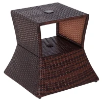 Outsunny Outdoor Side Table with Umbrella Hole, 2 Tier Rattan Wicker End Table with Storage Shelf, All Weather(m-1)