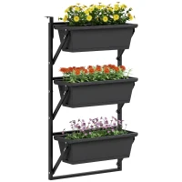 Outsunny 3-Tier Wall-Mounted Planter Box with 3 Pots, Vertical Planters for Outdoor Plants, Dark Grey(m-9)
