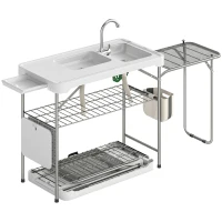 Outsunny Fish Cleaning Table Folding Sink Portable Camping Sink with Side Shelf & Bottom Rack for Outdoor White(m-9)