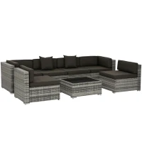 Outsunny 7 Piece Patio Furniture Set, Wicker Outdoor Sectional Sofa Set, All Weather PE Rattan Outdoor Furniture Conversation Sets with Cushions, Glass Top Coffee Table, Pillows, Charcoal(m-1)