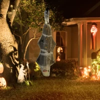 HOMCOM 55.9 Inch/4.7ft Life Size Outdoor Halloween Decoration Hanging Mummy with Spider Web, Animated Prop Decor with Sound and Motion Activated, Light Up Eyes, Creepy Sound(m-8)