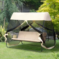 Outsunny 3-Seat Outdoor Swing Chair, Porch Swing, Chaise Lounger Bed, Garden Hammock, Converting Flat Bed with Heavy-Duty Steel Stand, Canopy and Netting Walls, Beige(m-8)