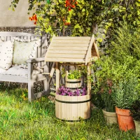 Outsunny Wood Wishing Well Outdoor Wooden Planter with Hanging Bucket and Drainage Hole for Garden, Patio, Backyard, Natural(m-1)