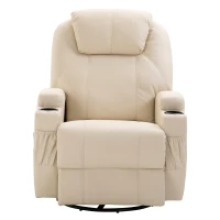 HOMCOM PU Leather Massing Recliner with 8-Point Vibration, Cup Holders, Manual Pull Handle and 360 Swivel, Beige(m-8)