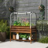 Outsunny Raised Garden Bed with Cover, Metal Elevated Planter Box with Bottom Shelf and Liner, Dark Brown Wood Effect(m-8)