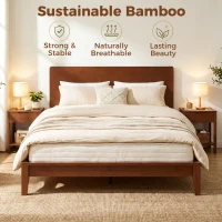 HOMCOM Queen Size Bamboo Platform Bed Frame with Headboard and 12 Poplar Slats, No Box Spring Needed, Easy Assembly, Brown(m-4)