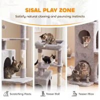 PawHut 52" Cat Tree, Multi-Level Large Cat Tower House with 2-Tier Condo, Bed, Sisal Scratching Posts, Light Grey(m-7)
