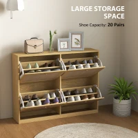 HOMCOM Narrow Shoe Storage Cabinet, Rattan Shoe Cabinet with 4 Flip Drawers and Adjustable Shelves for 20 Pairs, Oak(m-4)