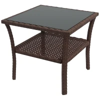 Outsunny Outdoor Wicker Coffee Table, Rattan Patio Furniture with 2-Tier Storage Shelf , Steel Frame Square, Side Table with Tempered Glass Top, Brown(m-11)
