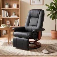 HOMCOM Swivel Recliner Chair, PU Leather Reclining Armchair with Retractable Footrest, Lounge Chair with Wood Base and Adjustable High Back for Small Spaces, Living Room, RV, Bedroom,  Black(m-9)