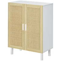 HOMCOM Boho Kitchen Cabinet, Buffet Cabinet with 2 Rattan Doors and Adjustable Shelves for Dining Room, White and Natural(m-1)