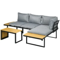 Outsunny 3 Piece Patio Furniture Set with Cushions, Aluminum Frame Outdoor Conversation Sofa Set w/ Two Loveseats and Wood Grain Plastic Top Coffee Table/Side Table, Dark Gray(m-11)