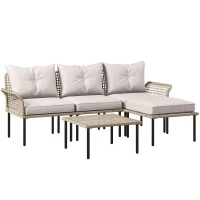 Outsunny 5-Piece Rattan Patio Furniture Set with Sofa, Chaise Lounge, Coffee Table, Footstools, Cushions, Cream White(m-11)