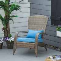 Outsunny Patio Wicker Adirondack Chair, Outdoor PE Rattan Fire Pit Chair, Muskoka Chair w/ Soft Cushions, Tall Curved Backrest and Comfortable Armrests for Deck Garden, Blue(m-1)