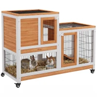 PawHut Wooden Rabbit Hutch, Indoor Bunny Cage with Wheels, Pull Out Trays, Run, Yellow(m-2)
