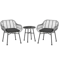 Outsunny 3 Piece Patio Set, Outdoor Bistro Furniture, PE Rattan Wicker Table and Chairs, Cushioned, Gray(m-1)