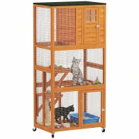 PawHut 74" Wooden Outdoor Cat House Catio Outdoor Cat Enclosure, Orange(m-11)