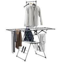 HOMCOM Clothes Drying Rack, Foldable Stainless Steel Laundry Drying Rack with Adjustable Gullwings and Shoe Holders, Silver(m-9)