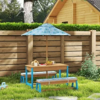 Qaba Kids Picnic Table Set with Foldable Umbrella, Removable Cushions & Boxes, Dinosaur Theme, Blue(m-10)