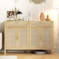 HOMCOM Kitchen Sideboard Cabinet, Boho Entryway Cabinet with Decorative Rattan Doors and Drawers for Dining Room, Oak(m-2)