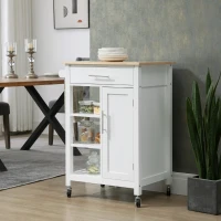 HOMCOM Kitchen Island Cart, Rolling Kitchen Island with Storage Shelf, Solid Wood Top, Drawer, for Dining Room, White(m-2)