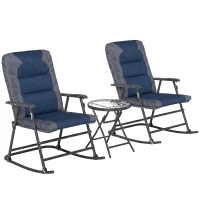 Outsunny 3pc Patio Foldable Rocking Chair Set, Outdoor Rocking Chairs and Table Bistro Set w/ Padded Seat, Headrest, Backrest for park, backyard, garden, Blue(m-14)