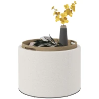 HOMCOM Round Storage Ottoman Coffee Table with Flip Top Tray, Linen Fabric Upholstered Footstool with Hidden Compartment(m-11)