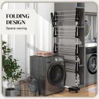 HOMCOM Garment Drying Rack Stainless Steel Folding Clothes Hanging Rack with Side Wings Castors for Indoor Outdoor Black(m-6)