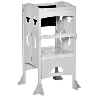 Qaba 2 in 1 Kids Foldable Kitchen Step Stool, Toddler Standing Tower with Chalkboard and Lockable Handrail for Children 3-6 Years Old, Gray(m-11)
