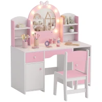 Qaba Kids Vanity Set, Toddler Dressing Table and Chair Set  with Lighted Bow Mirror, Cabinet, Drawer and Shelves, Pink(m-13)