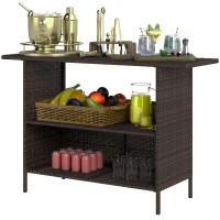 Outsunny Wicker Outdoor Bar Table, PE Rattan Bar Height Patio Table with 2 Shelves, Steel Frame for Garden, Backyard, Dark Brown(m-2)