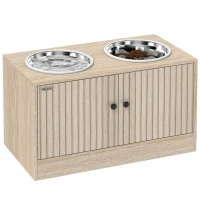 PawHut Raised Dog Bowls with Storage, Slow Feeder,  2 Stainless Steel Food and Water Bowl Non-Slip, Oak(m-13)