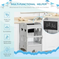 Qaba 2 in 1 Kids Foldable Kitchen Step Stool, Toddler Standing Tower with Chalkboard and Lockable Handrail for Children 3-6 Years Old, Gray(m-4)