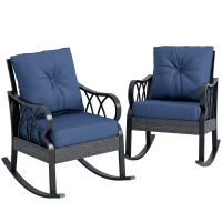 Outsunny 2 Piece Outdoor Wicker Rocking Chairs Rattan Porch Rockers with Cushions, Aluminum Frame for Garden, Patio, Blue(m-13)