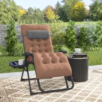 Outsunny Padded Folding Recliner Chair, Patio Lounger with Cupholder, Adjustable Backrest, Removable Cushion, Khaki(m-8)
