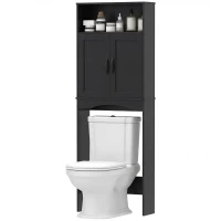 HOMCOM Over The Toilet Storage Shelf Freestanding Bathroom Organizer with 2 Doors and Open Shelf Black(m-2)