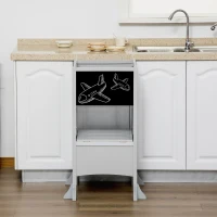 Qaba 2 in 1 Kids Foldable Kitchen Step Stool, Toddler Standing Tower with Chalkboard and Lockable Handrail for Children 3-6 Years Old, Gray(m-9)