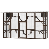 PawHut Catio Playground Cat Window Box Outside Enclosure for Multiple Cats w/ Shelves & Bridges, Coffee Brown