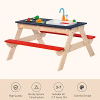 Outsunny Sand & Water Table with Sandbox, Outdoor  with Kitchen Toys, Kids Picnic Table and Bench Set Water Circulation Faucet and Vegetable Accessories(m-4)