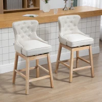 HOMCOM Memory Swivel Bar Stools Set of 2, Upholstered Fabric Bar Height Barstools with Tufted Back, Nailhead-Trim and Solid Wood Legs, 30" H Seat Height Kitchen Stools, Cream(m-2)