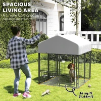 PawHut Welded Wire Outdoor Dog Kennel with 360° Rotating & 4 Levels Adjustable Bowls, Waterproof Cover, 3.9' x 3.9' x 4.5'(m-7)