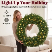 HOMCOM Christmas Decoration, 36 in Pre-Lit Norfolk Pine Artificial Christmas Wreath with 100 LED Lights, Green(m-5)