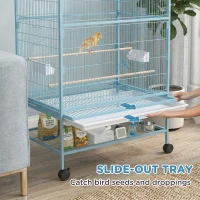 PawHut 52'' Large Rolling Steel Bird Cage Bird House with Rolling Stand, Storage Shelf, Wood Perch, Food Container, Light Blue(m-4)